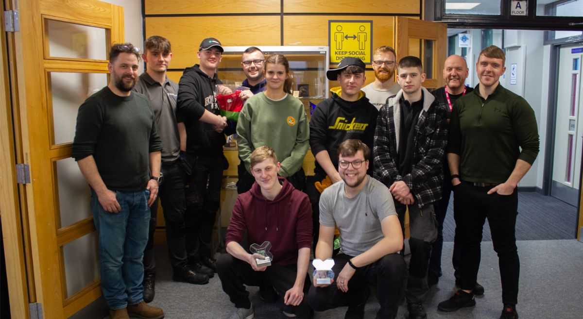 Bangor campus students studying on the Level 2 Apprenticeship NI. Front row (L-R) Mark Fullerton, SERC lecturer, Lewis McBride and Jamie Harris. (L-R back row) Bailey Allen, Matthew McCann, Charlie Clarke, Alex Jamshidi, Cody McAuley, Ben Hamilton and Peter Orr, SERC lecturer.. 